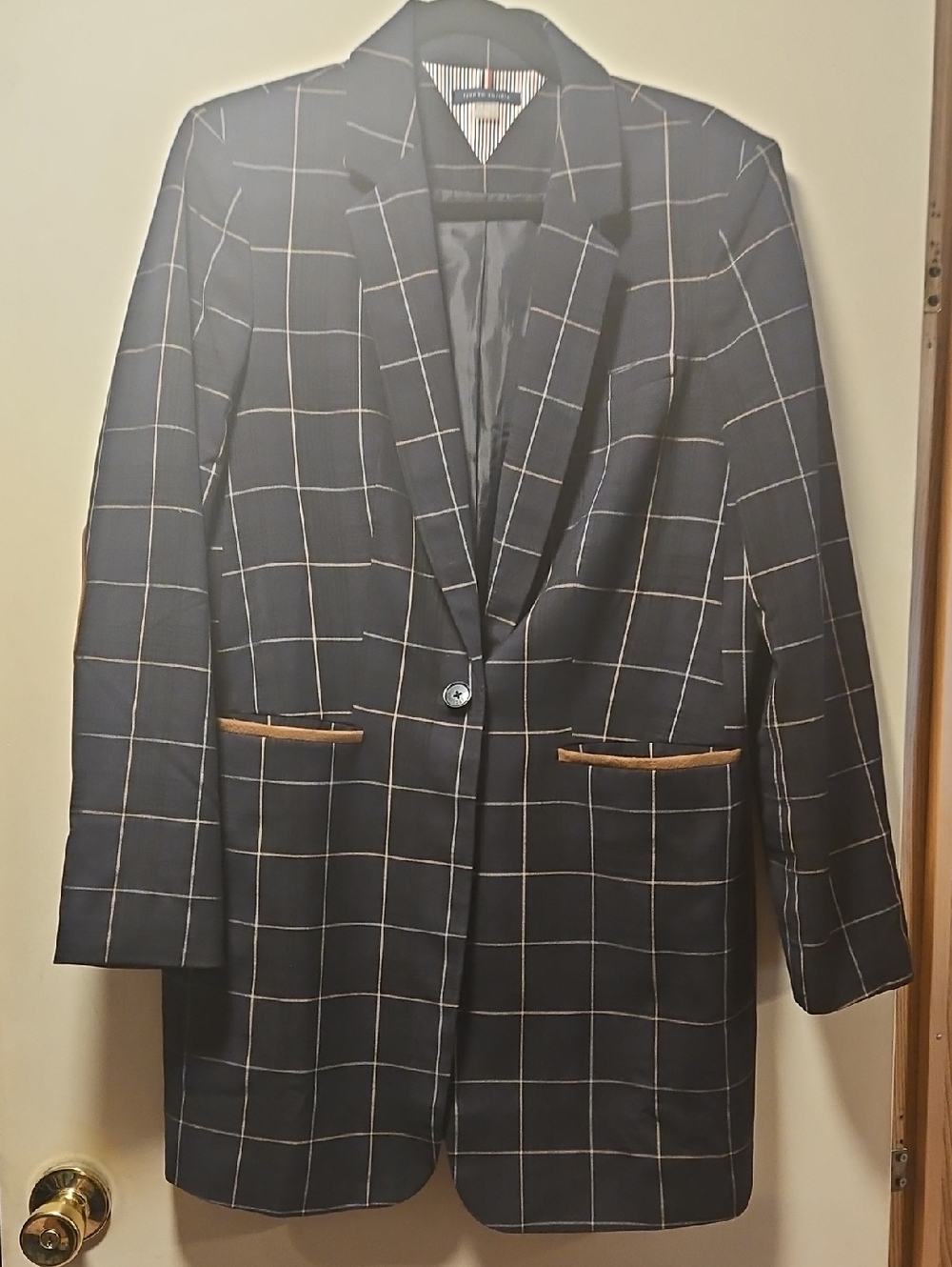 Tommy Hilfiger Navy Windowpane Blazer with Tan Trim